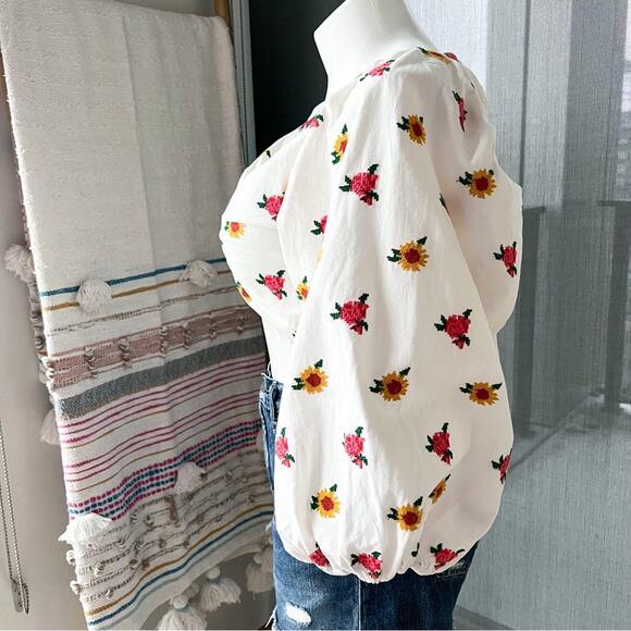 Farm Rio Mixed Cross Stitch Flowers Embroidered Long Balloon Sleeves Crop Top XL - Picture 3 of 14